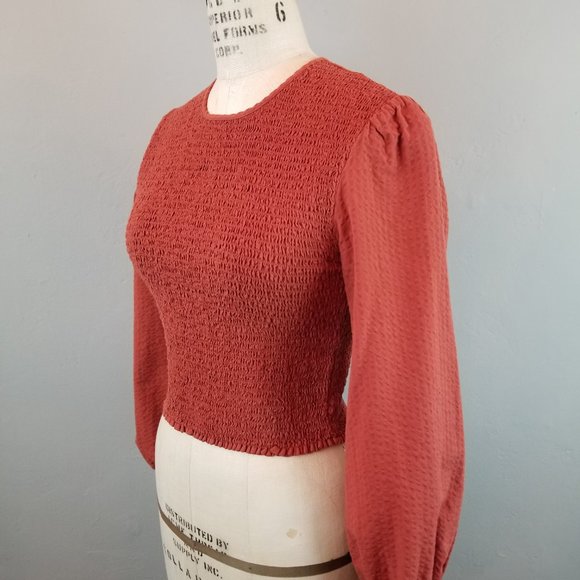Urban Outfitters Deep Rust Orange Smocked Puff Sleeve Blouse Women's Size Small - Picture 4 of 7